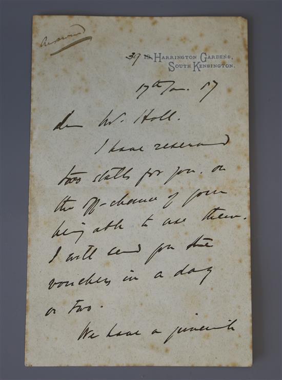 Gilbert, William Schwenck, Sir. An autograph letter, dated 17th Jan. 1887, 2pp, 12mo, to an artist Mr [Frank] Hall, advising I have re